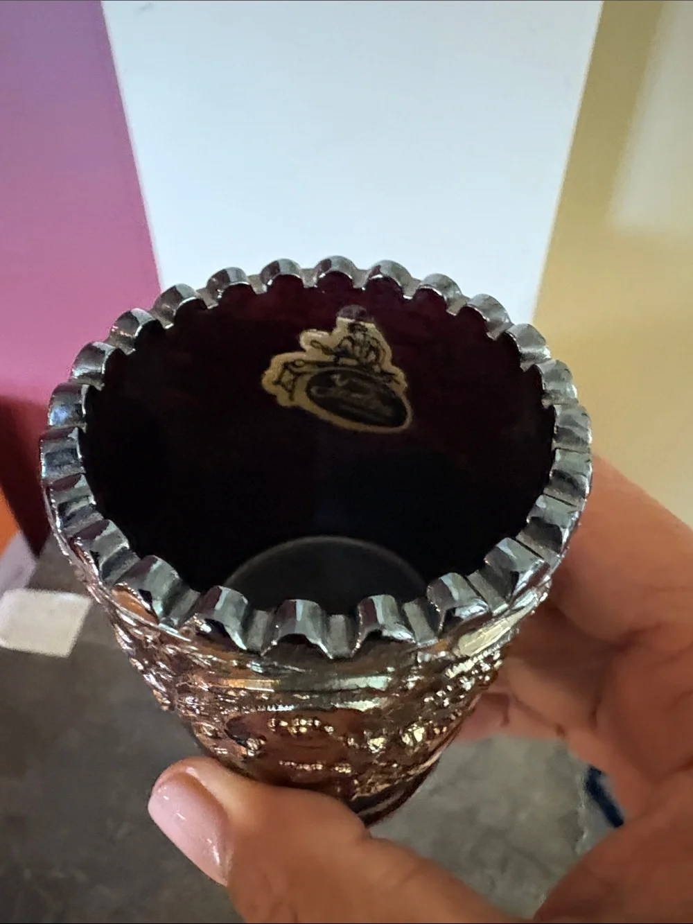 Fenton Iridescent Purple-Bronze Embossed Pedestal Vase
